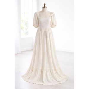 Luxology Ivory Maxi Dress XL Lace Bodice Puff Sleeve Boho Cottagecore Milkmaid